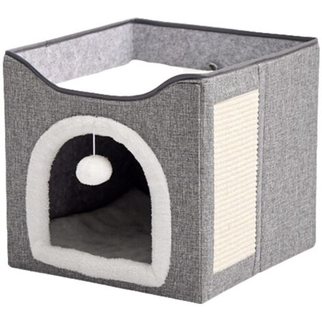 Casa para gatos de doble capa, plegable, suave y esponjosa, transpirable, ligera, material MDF/terciopelo/lino, gris oscuro/blanco