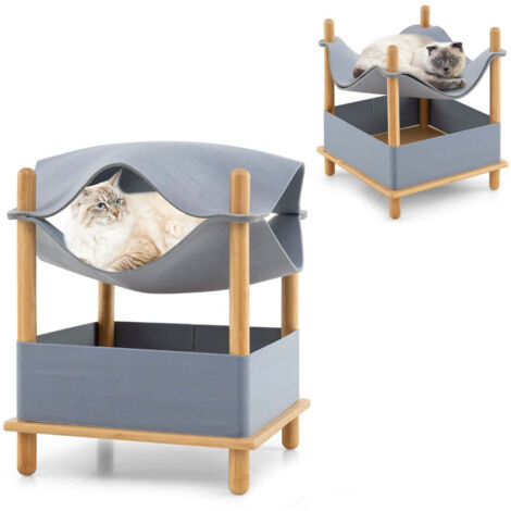 Casa para gatos de dos niveles de 46 x 46 x 53 cm con casita semicerrada y estante de almacenamiento estilo moderno en bambú gris 200012649
