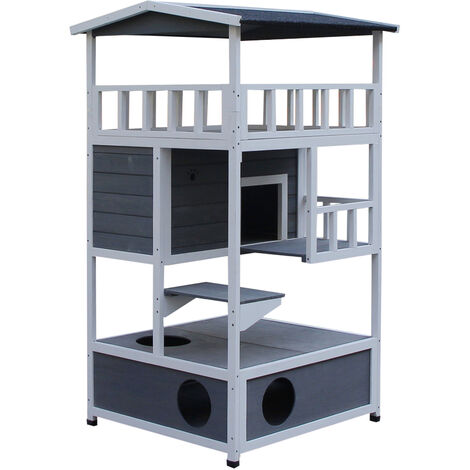 Casa para gatos de madera 75,5x75x137 cm caseta para gatos refugio para gatos con techo asfáltico plataformas para interior y exterior gris