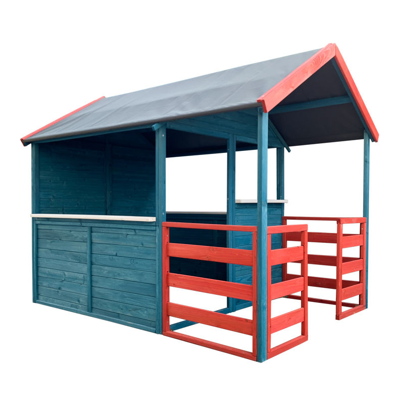 

Wiltec - Casa para niños XL 146x195x156cm con habitáculo y terraza en rojo/blanco para jugar al aire libre
