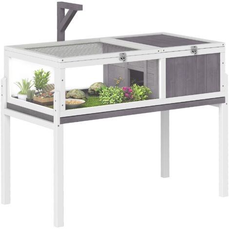 Casa para Tortugas  con Techo de Malla Bandeja Extraíble y Soporte para Lámpara 104x53x82 cm Gris y Blanco