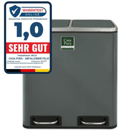 Casa Pura – Poubelle tri sélectif 2 compartiments 15 litres – Acier inoxydable avec couvercle amorti – Installation sans montage – Pour espaces confinés