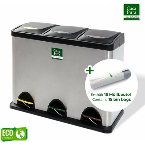 Casa Pura – Poubelle tri sélectif 3 compartiments 24L – Acier inoxydable – Système à pédale – Seaux intérieurs amovibles avec code couleur
