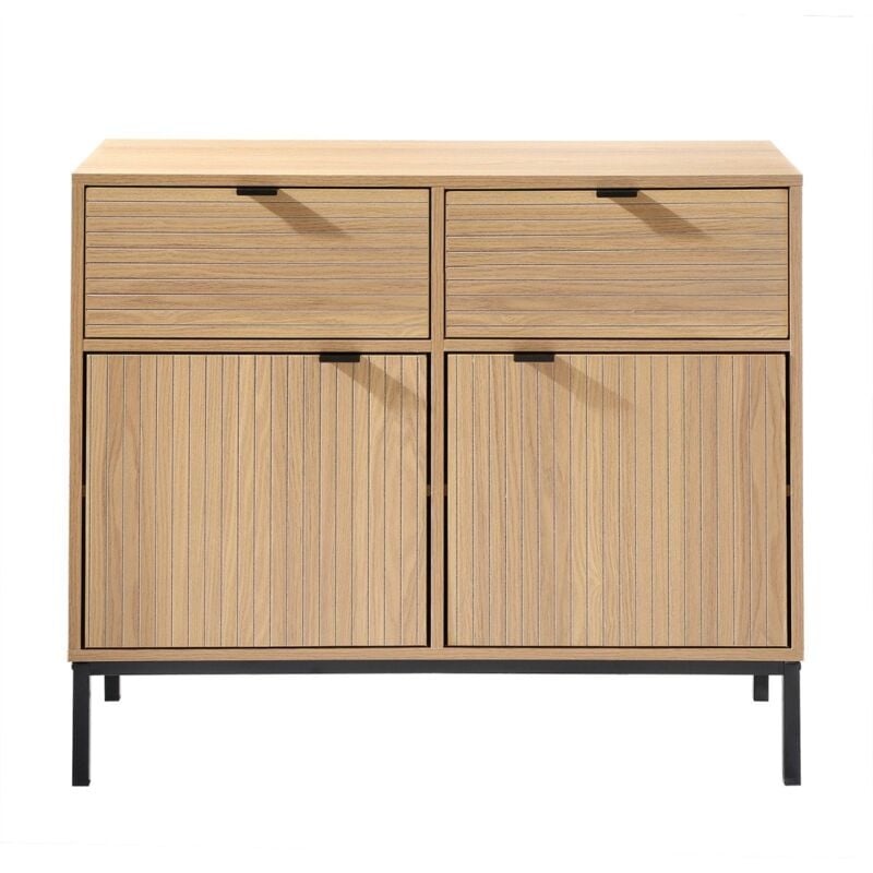 CALICOSY - Petit buffet 2 Portes 2 Tiroirs Façades Rainurées L90 x H79 cm - TARA