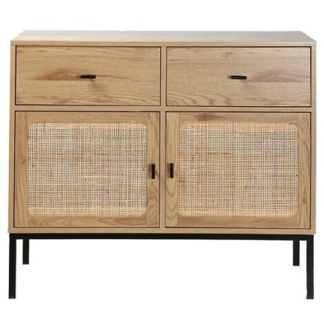 CASÂME - Commode 2 Portes 2 Tiroirs avec Cannage Rotin Jaya - L90cm - Chêne