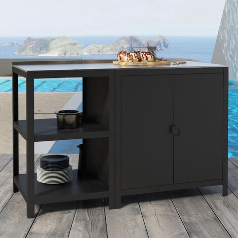 Set de meubles de jardin 2 pièces – Armoire avec 2 portes et étagère intérieure – Étagère 3 niveaux – Acier noir mat et argent – Casa.Pro