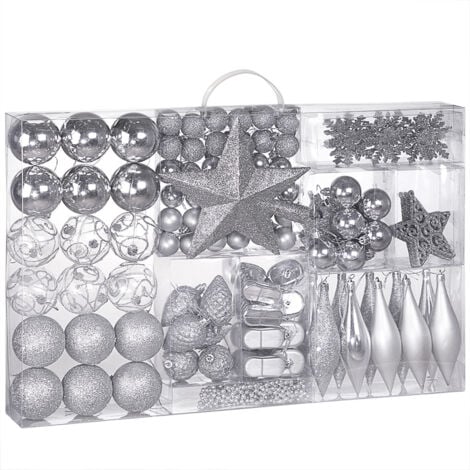 CASARIA® 102 Pcs Christmas Tree Decorations  Baubles, Santa Boots, Pine Cones, Chains & Stars  Silver