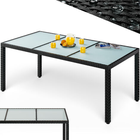CASARIA® 190x90cm Polyrattan and Frosted Glass Garden Dining Table  Weatherproof Outdoor Rattan Balcony Table  Height Adjustable Feet  5mm Safety-Glass Patio Party Furniture  Black