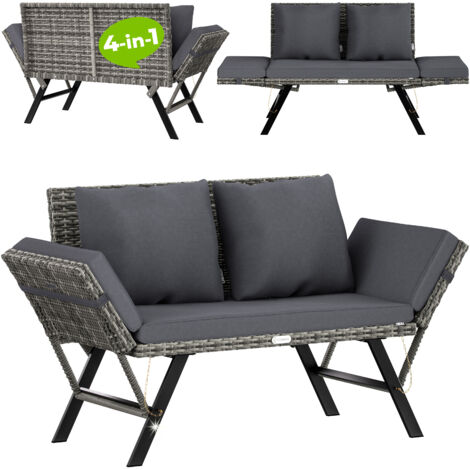 CASARIA® 2in1 Poly Rattan Garden Bench With Reclining Function  Cushion  Adjustable Armrests  Weatherproof Outdoor Balcony Terrace Patio Lounge Sofa Couch  Grey