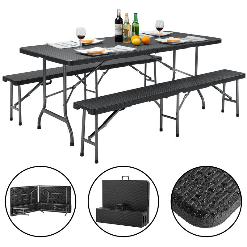 Malmö 3Pc Garden Trestle Table & Bench Set 180cm Foldable Outdoor Furniture Plastic Top w/Steel Frame Picnics bbq Parties Portable Lightweight