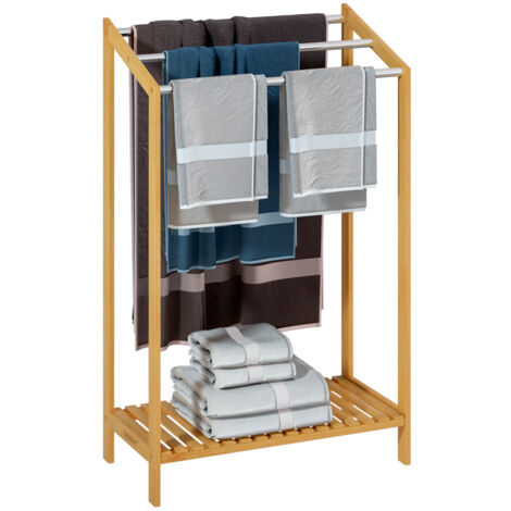 CASARIA® 3 Tier Freestanding Bamboo Towel Rack with Stainless Steel Rails and Storage Shelf  85x51x31cm  Bathroom Towel Bar Stand & Clothes Drying Airer  Modern Sturdy Organiser  No Drilling  1x