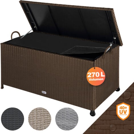 CASARIA® 420 Litre Polyrattan Garden Storage Box with Wheels  Waterproof UV Resistant  Inner Lining  122x56x61cm Patio Furniture Cushion Chest with Gas Pressure Lift Lid  Brown