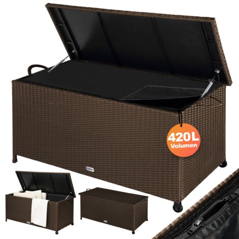 CASARIA® 420 Litre Polyrattan Garden Storage Box with Wheels Waterproof UV Resistant Inner Lining 122x56x61cm Patio Furniture Cushion Chest with Gas Pressure Lift Lid Brown