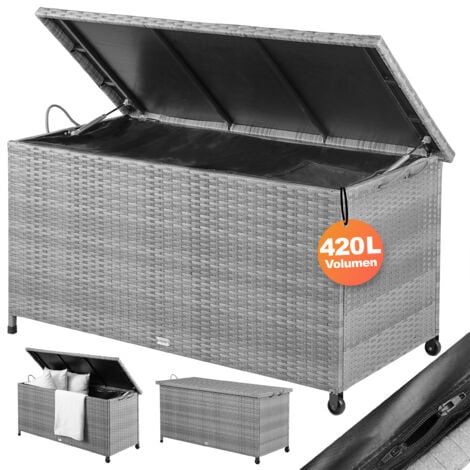 CASARIA® 420 Litre Polyrattan Garden Storage Box with Wheels Waterproof UV Resistant Inner Lining 122x56x61cm Patio Furniture Cushion Chest with Gas Pressure Lift Lid