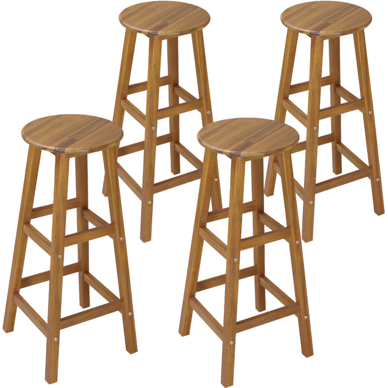 Casaria - 4x Tabourets de bar chaises hautes bois d'acacia assise ronde avec repose-pieds hauteur 75 cm style rustique