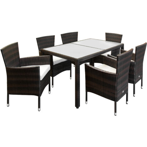 CASARIA® 6+1 Monaco Polyrattan Garden Dining Furniture Glass Table Chairs Brown