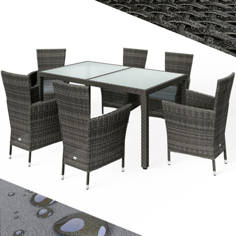 CASARIA® 6+1 Polyrattan Outdoor Dining Furniture Set  150x90cm Glass Top Table  6 Poly Rattan Stackable Armchairs  with 7cm thick Cushions  Garden Patio Balcony Seating Group  Grey