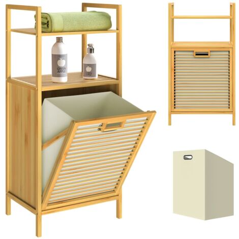 CASARIA® Badregal mit Wäschekorb 36 L Bambus 95x40x30cm Badezimmerregal 2 Ablagen Wäschesammler Wäschebox Holz Regal  1x