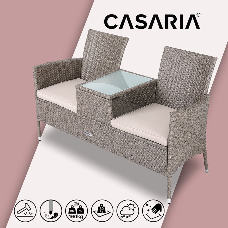 

Casaria Banco de Jardín para 2 personas de Poliratán Negro con Mesa y Baúl integrado Cojines Lavables Crema - Crema