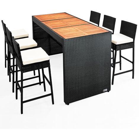 CASARIA® Bar de jardin 6+1 en polyrotin noir Ensemble table chaises Plateau de table en acacia Coussins inclus terrasse balcon
