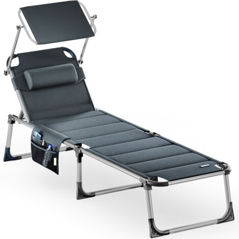 CASARIA® Bari Foldable Garden Sun Lounger with Pillow & Adjustable Shade Canopy Folding Aluminium Frame Luxury Padded Sunbed 210x60x81cm UV-Resistant Deckchair Grey mottled