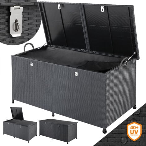 CASARIA® Baúl de Poliratán XL Negro Arcón de jardín Impermeable 150x77x73 Caja de almacenaje para exterior 625L con ruedas