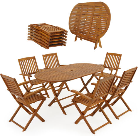 CASARIA® Boston Oval Dining Table and 6 High Back Chairs  FSC®-Certified Acacia Wood  Folding Conservatory Patio Outdoor Furniture Set  Weather Resistant  160 x 85 cm