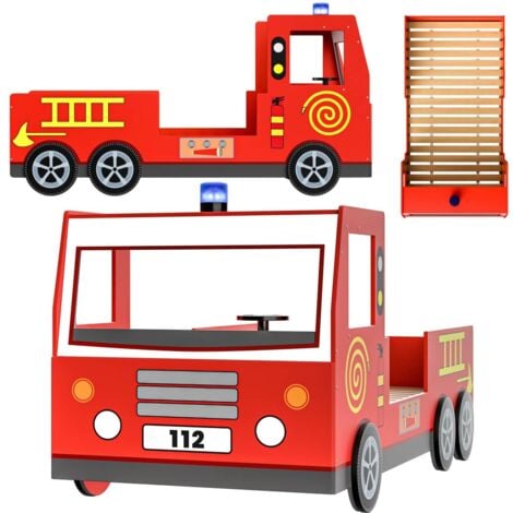 DEUBA CASARIA® Cama Infantil Coche de Bomberos 200x90cm Cama de Madera Ruedas 3D Sirena Volante con Somier Carga 120Kg