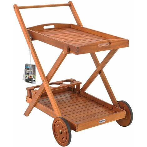 CASARIA® Carrello portavivande con rotelle in legno di acacia certificata FSC® 2 ripiani vassoio 3 portabottiglie giardino carrello cucina