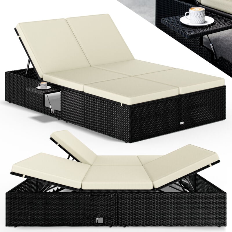 Casaria - Chaise longue double extrémités réglables bain de soleil 2 personnes polyrotin chaise d'extérieur confortable Noir crème