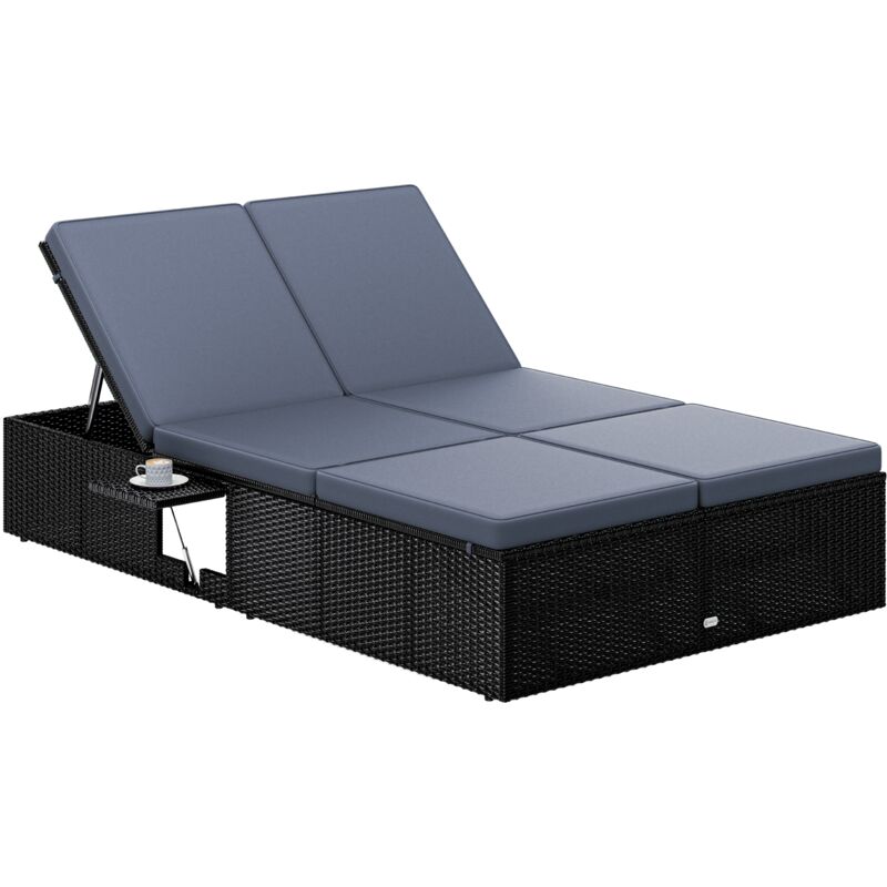 Chaise longue double extrémités réglables bain de soleil 2 personnes polyrotin chaise d'extérieur confortable Noir Anthracite - Casaria