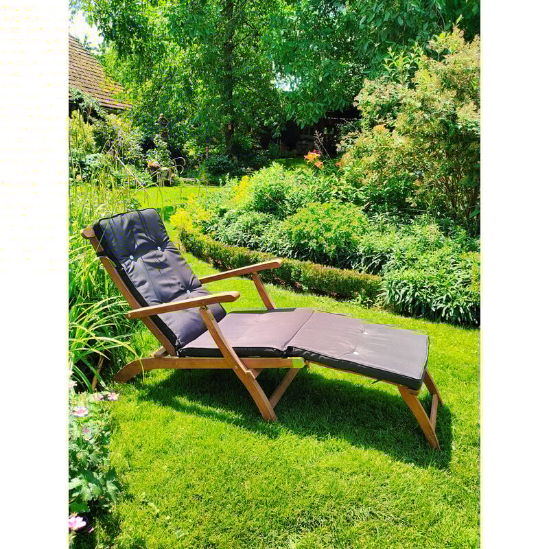 Chaise longue en bois d'Acacia Queen Mary avec coussin Anthracite transat extérieur repose-pieds jardin terrasse - Casaria