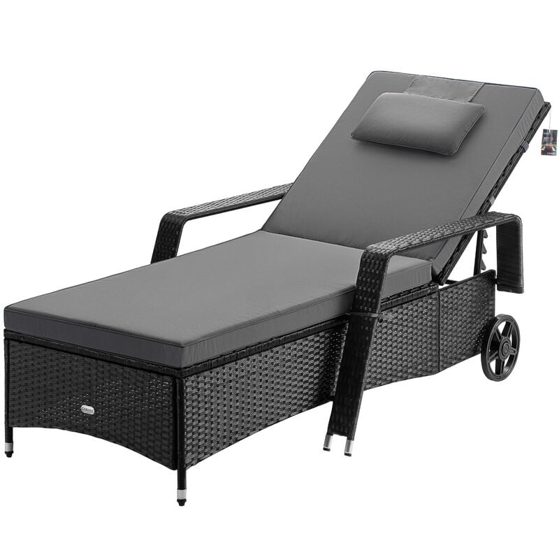 Casaria - Chaise longue en polyrotin avec coussin 7cm 2 roulettes Max 160kg Dossier réglable Bain de soleil jardin terrasse Noir Anthracite