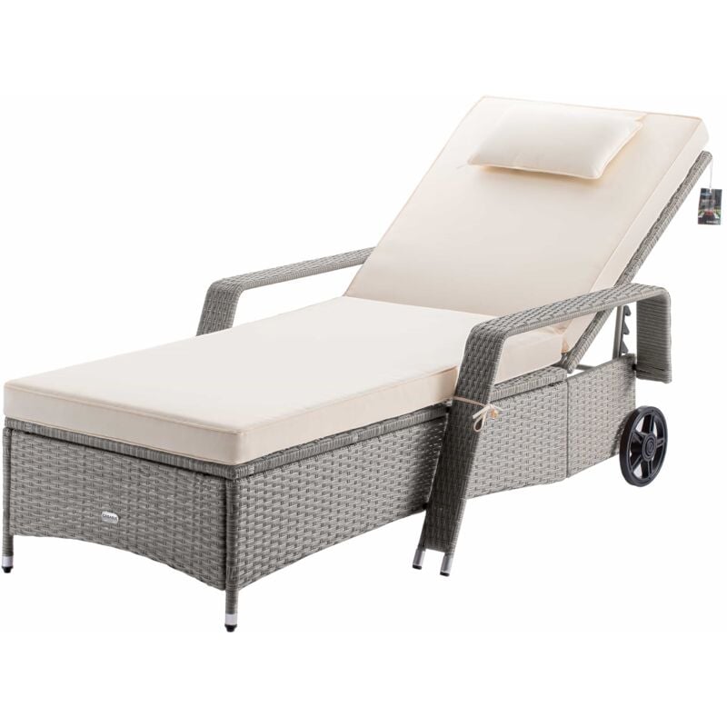 Chaise longue en polyrotin avec coussin 7cm 2 roulettes Max 160kg Dossier réglable Bain de soleil jardin terrasse Crème crème - Casaria