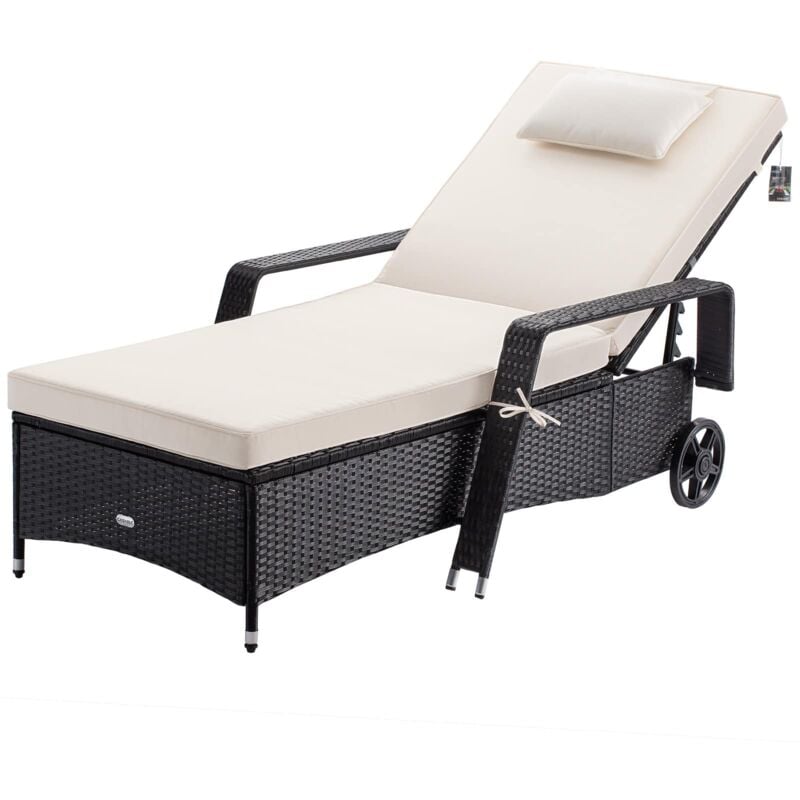 Chaise longue en polyrotin avec coussin 7cm 2 roulettes Max 160kg Dossier réglable Bain de soleil jardin terrasse Noir crème - Casaria