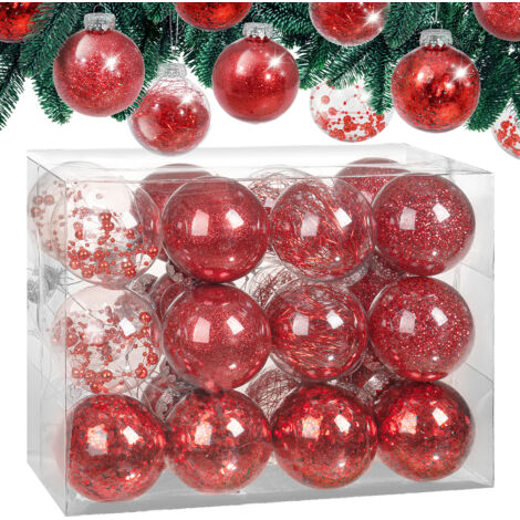 CASARIA® Christmas Baubles 24-Piece Set Shatterproof Transparent Plastic Ornaments Customisable Ideal for Tree Decorations and Festive Home Décor 6cm Red