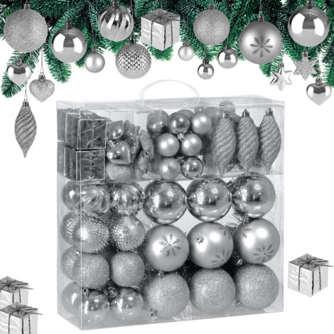 CASARIA® Christmas Tree Baubles Set 103 Pieces Hanging Balls, Decoration Stars, Cones, Bells Ornaments for Indoor and Outdoor Glossy, Glittery and Matt Finish Silver
