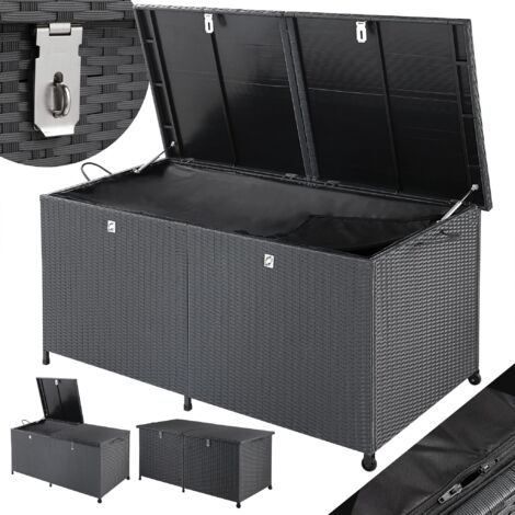 Casaria – Coffre de jardin en polyrotin 625 litres – Banc noir sur roulettes – Couvercle à vérins à gaz – Résistant aux intempéries
