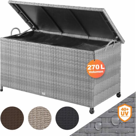 Casaria – Coffre de jardin XXL 270 L étanche – Polyrotin gris avec roulettes – Vérins à gaz – Dimensions 117x53x60 cm