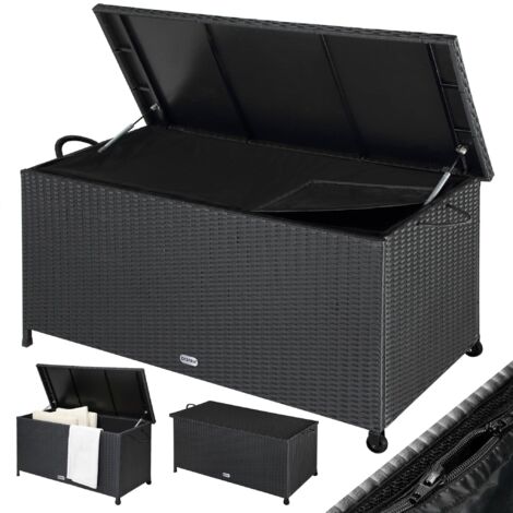 Casaria – Coffre de jardin étanche 420 L avec vérin à gaz – Dimensions 122x56x61 cm – Polyrotin noir – Roulettes et poignées pour déplacement
