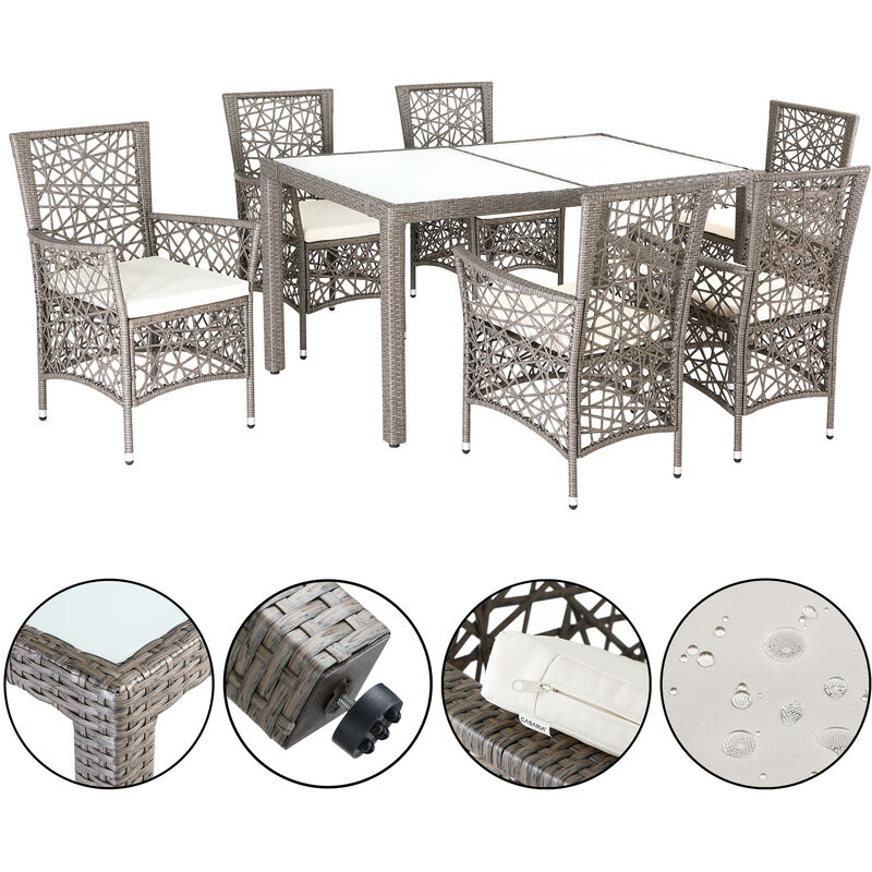 

Casaria Conjunto de jardín de poliratán Juego de comedor 1 Mesa y 6 sillas con respaldo alto y cojines Crema - Crema