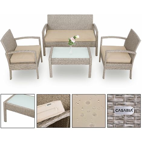 Casaria Conjunto Lounge de jardín Beige de poliratán juego de mesa sillas y banco exterior 7 pzs