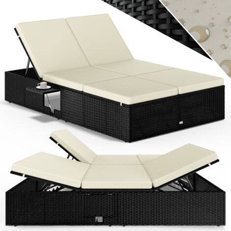 CASARIA® Double Sun Lounger  Convenient Foldable Tables  Weatherproof  7-Position Adjustable  Poly-Rattan  Garden Relaxation  200x115cm  Schwarz Creme (de)