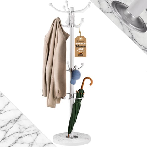 CASARIA® Elegant Coat Rack with Black Marble Base and 14 x 360° Rotatable Hooks  Sturdy & Stylish Clothing Organiser for Hallways, Foyers & Offices  37 x 37 x 175cm  White