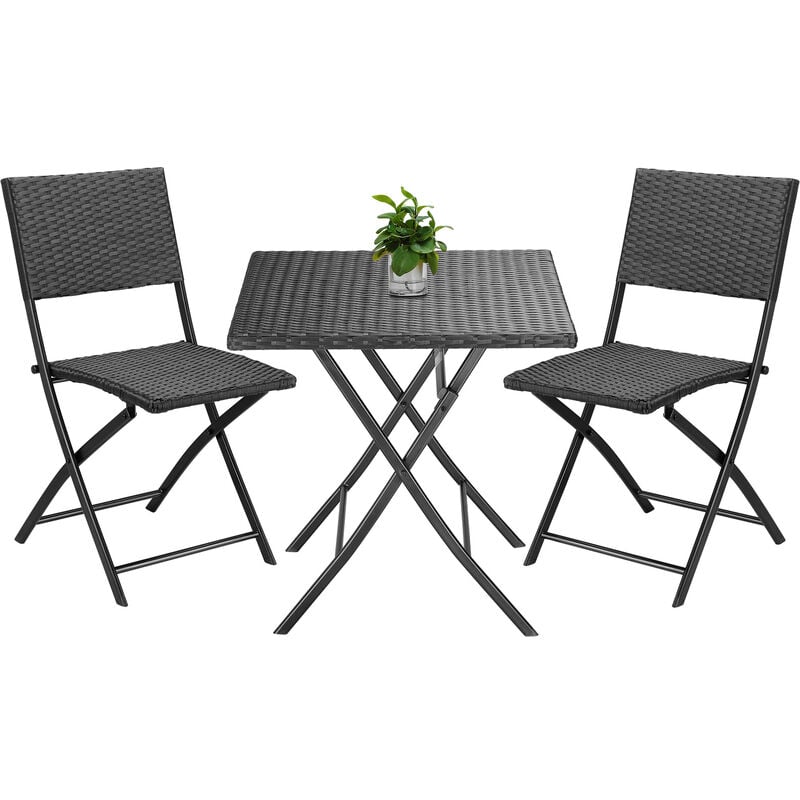 Ensemble 3 pièces de balcon en Polyrotin rom set de 1 table et 2 chaises pliantes Noir résistant camping jardin - Casaria