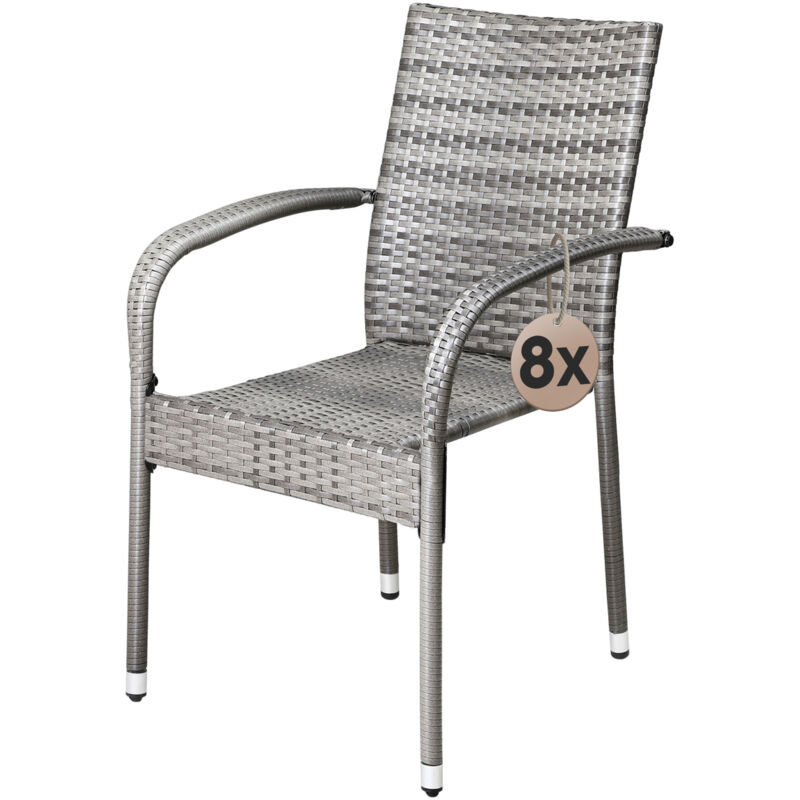 Ensemble de 4 ou 8 chaises de jardin polyrotin avec accoudoirs empilables jardin structure en acier thermolaqué 8er Set Grau (de) - Casaria