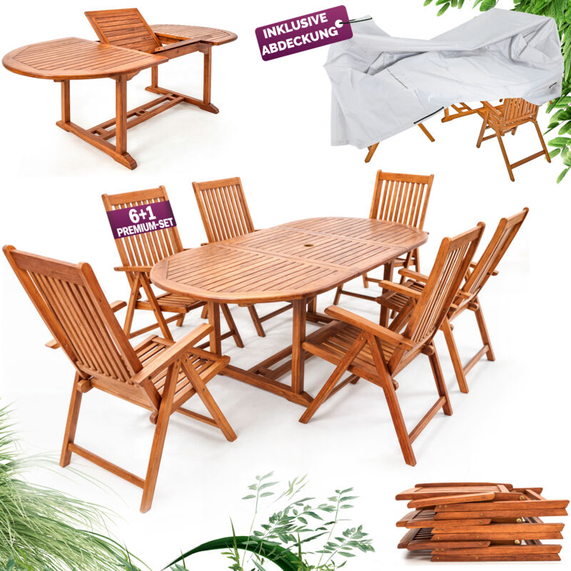 Ensemble de salon de jardin Vanamo avec housse 1 table extensible type papillon 6 chaises bois d'eucalyptus certifié fsc® - Casaria