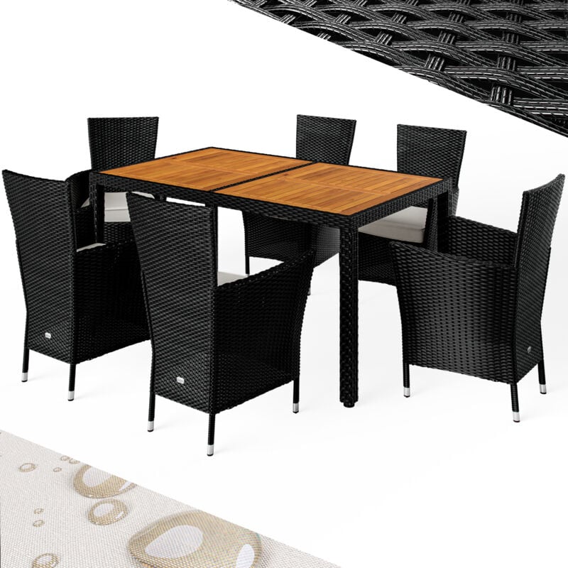 Ensemble salon de jardin 7 pièces polyrotin noir set 1 table + 6 chaises avec coussins bois d'acacia exterieur - Casaria