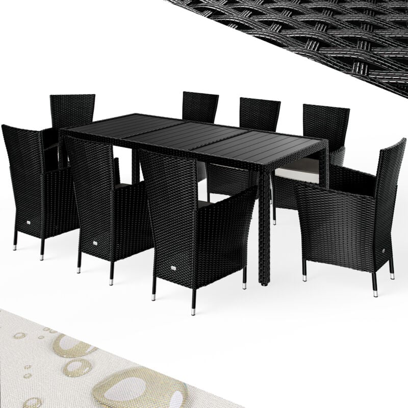 Ensemble salon de jardin 9 pièces polyrotin noir set 1 table + 8 chaises avec coussins bar de jardin exterieur - Casaria