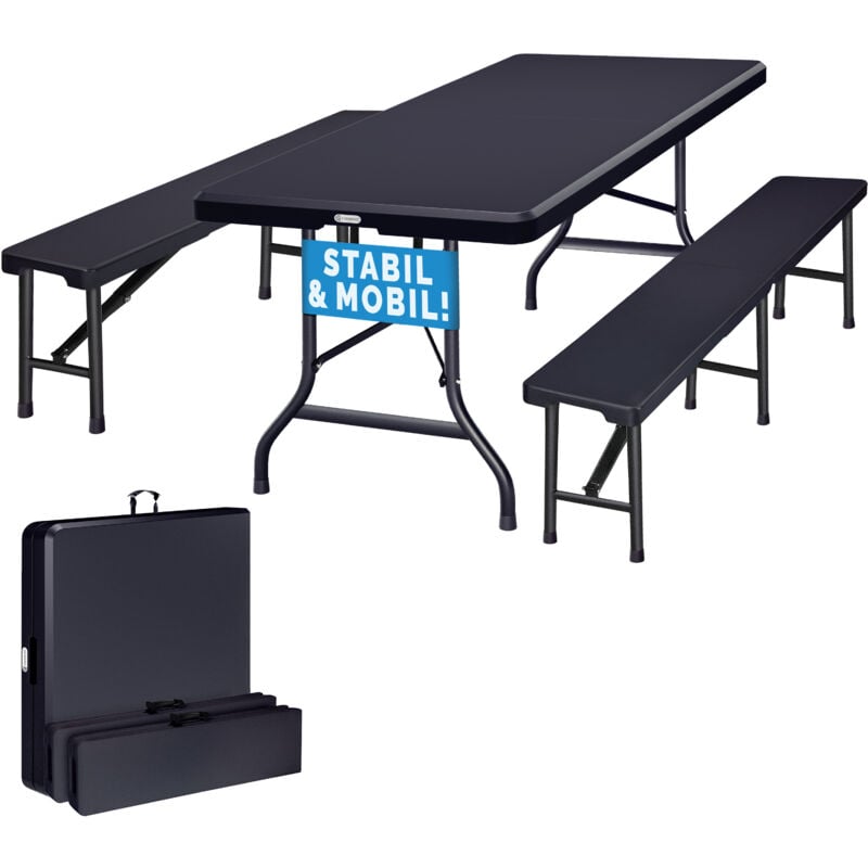 Ensemble table pliante et 2 bancs 180 cm anthracite Table de jardin 8 personnes camping terrasse pique-nique - Casaria